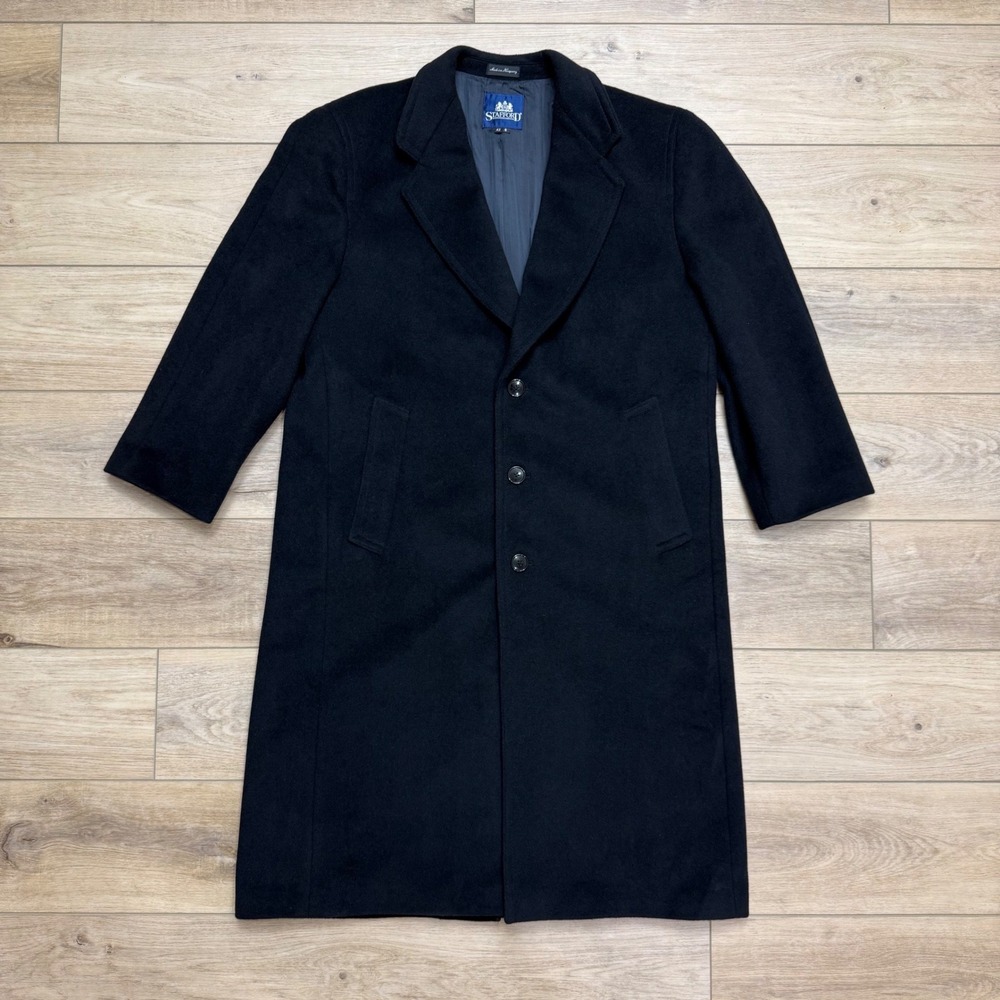 Stafford Mens Black Melton Wool Blend Overcoat 42S 3 Button Long Jacket Trench